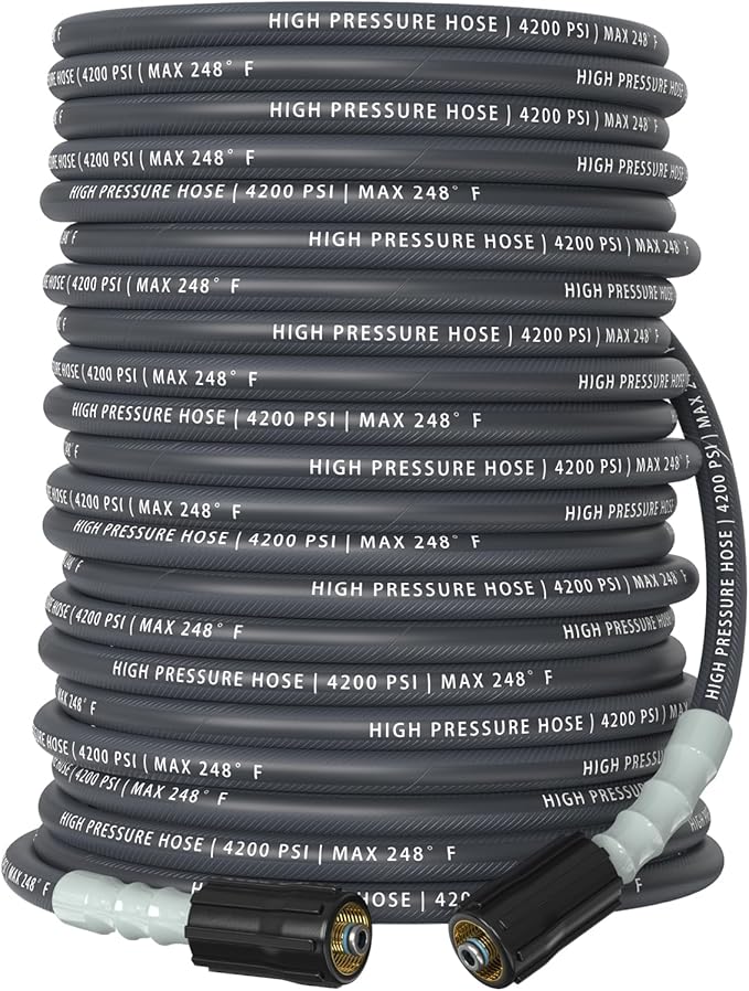 Pressure Washer Hose 100 ft, 4200 PSI Flexible & Kink-Resistant, Steel-Braided & Durable, High Power Washer Hose with M22-14mm Stainless Steel Plug, Hot/Cold Water Compatible - 100 Foot, Gray