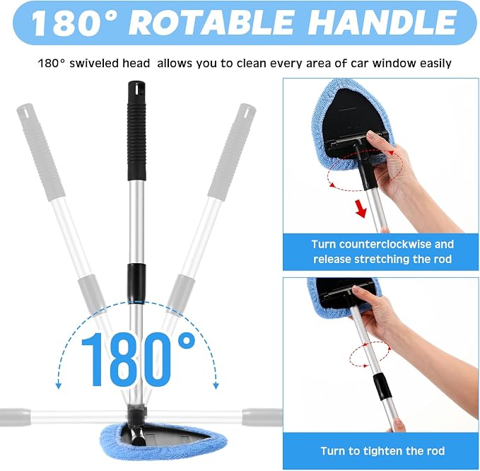 Potchen 8pcs Car Windshield Cleaner Tool with Extendable Handle, Light Blue | with Microfiber Towel Pads, Brush, Empty Spray Bottle, Car Window Cleaner for Auto Glass Wiper Suvs Rvs & Home Windows