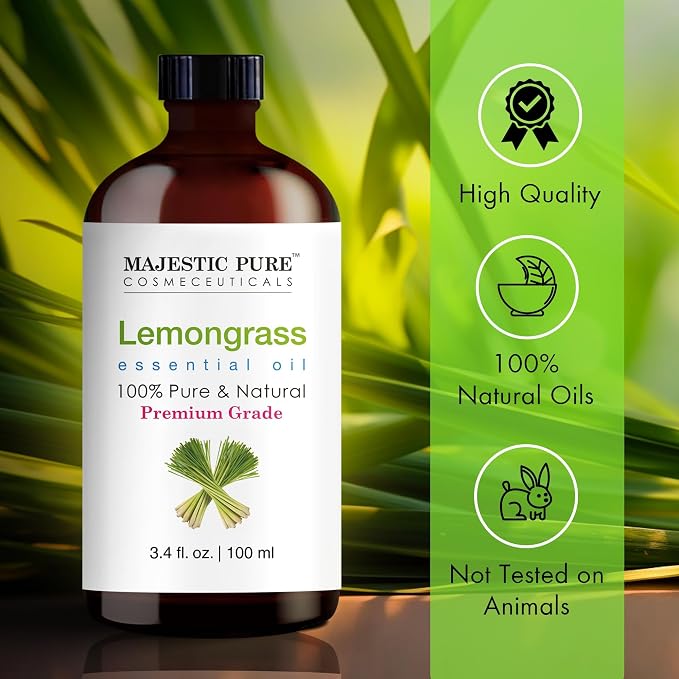 Majestic Pure Lemongrass Essential Oil for Diffuser - 3.4 Fl Oz | 100% Natural Essentials Oils Ideal for Relaxing Tense Mood, Eliminating Odor, Creating Peaceful Atmosphere for Sleep & Work