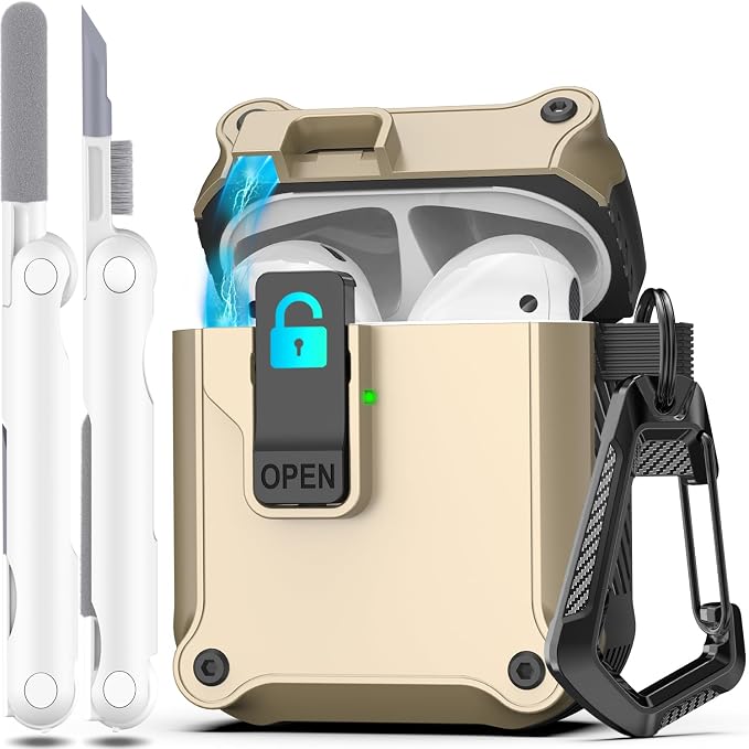 R-FUN for AirPods 2 Case Cover with Lock Magnetic Lid, Golden | Compatible with Apple AirPods 2 and AirPods(2016), Case with Cleaner Kit & Keychain, Powerful Drop Protection