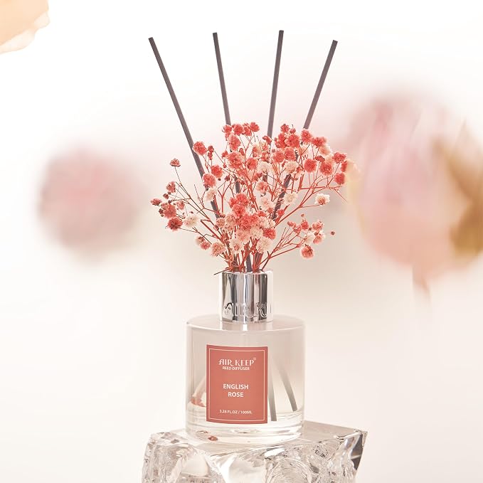 Reed Diffuser Set,3.38 fl oz (100 ml) - English Rose Oil Diffusers with 8 Reed Sticks, Home Fragrance Reed Diffuser for Bathroom Shelf Decor
