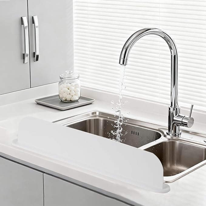 19.2inch(49cm) Silicone Sink Splash Guard, Sink Splash Guard with Suction Cup,Kitchen Sink Water Splash Guard, Kitchen Sink Splash Guard that Can Be Placed Behind (1, White)