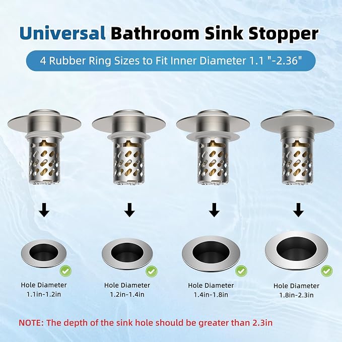 iFealClear All Metal Bathroom Sink Stopper, Pop Up Sink Drain Strainer with Removable Stainless Steel Filter Basket, Universal for 1.1"-2.36" US Sink, Brass Bounce Core, Hair Catcher, Brushed Nickel