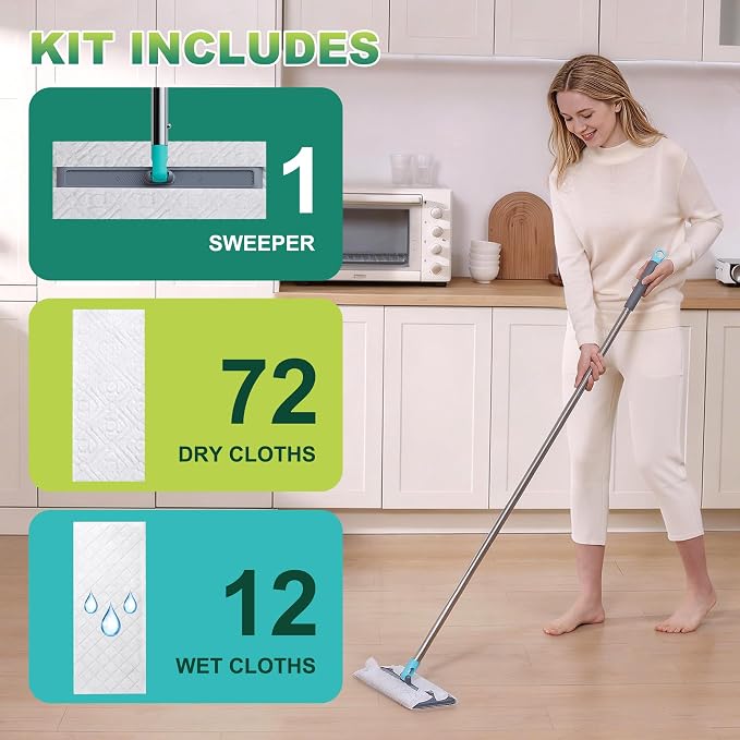 JOYMOOP Hands Free Multi Purpose Flat Mop, Dust Mop for Pet Hair and Floor, 72 Dry + 12 Wet Refills, Turquoise-Cyan & Muted Grey