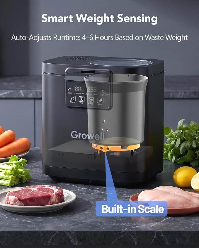 Growell 4L Electric Composter for Kitchen, Countertop, Indoor Compost Bin | Dual Carbon Filter, Auto-Clean, Long-Life Brushless Motor, LED Touch Panel, <40dB, Visible Window, Food Wast Recycler, Black
