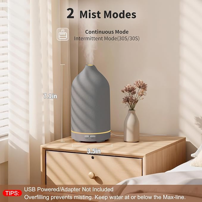 URPOWER 120mL Ceramic Essential Oil Diffuser Diffuser Oil Machine | Elegant Ceramic Finish with Ultrasonic Mist, Adjustable Modes and 7-Color LED Lighting for A Comfortable Home Atmosphere