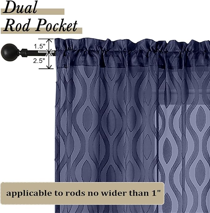 Aiyufeng Navy Blue Curtains - 84 Inch Length (2 Panels), Airy Lightweight Clip Jacquard Light Filtering Bedroom/Living Room Curtains - 80 Inch Width, Wavy Line Rod Pocket, Modern Style