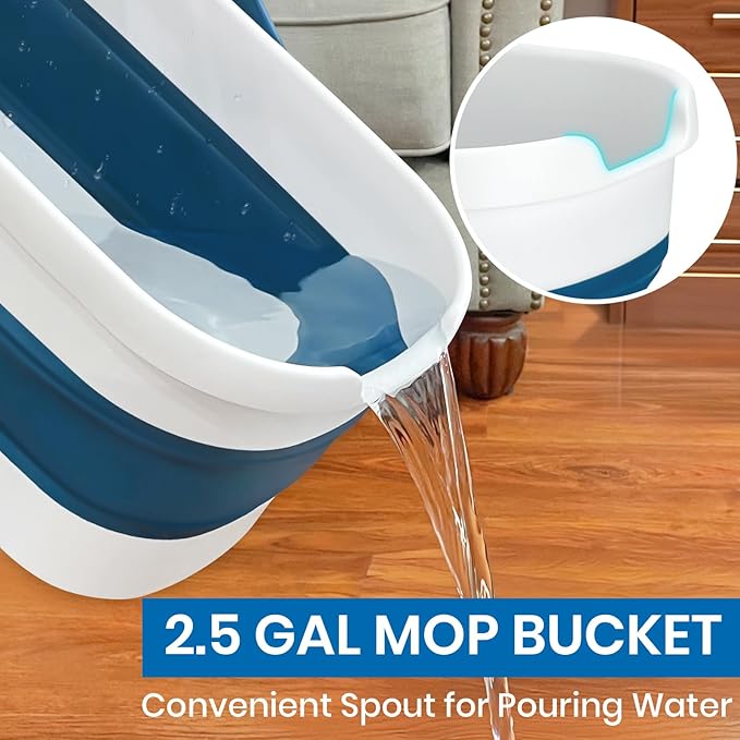 Collapsible Mop and Bucket Set with Scrub Mop and Brush, Tile Laminate Hardwood Floor Brush and Flat Mops for Floor Cleaning, Foldable Bucket with Washable Microfiber Mop(Blue)