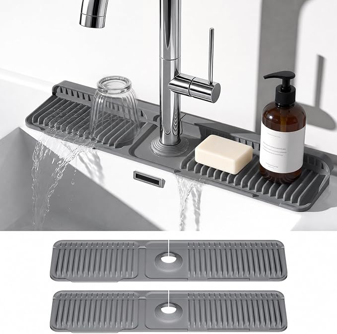 2PCS 24 Inch Faucet Mat for Kitchen Sink, Silicone Splash Guard for Kitchen Sink Area, 7° Slope Fast Self-Draining Sink Mat, Cuttable Hole Design, Sink Backsplash Guard Draining Mat, Dark Grey
