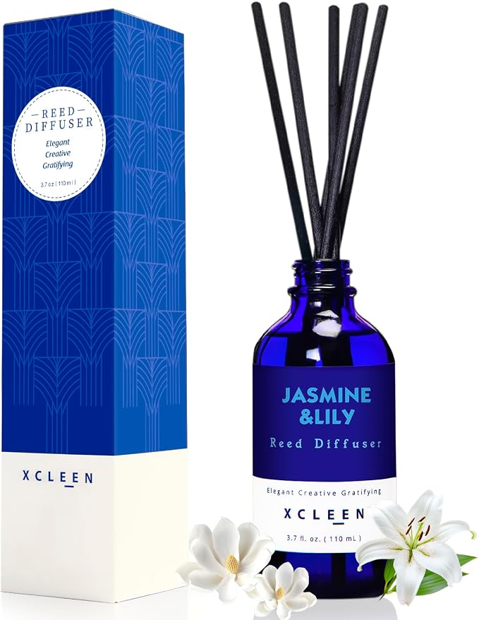 Xcleen Reed Diffuser Set- Jasmine & Lily Scented Diffuser with 6 Rattan Sticks, Long Lasting Reed Diffusers for Home Bathroom Shelf Decor-3.7oz
