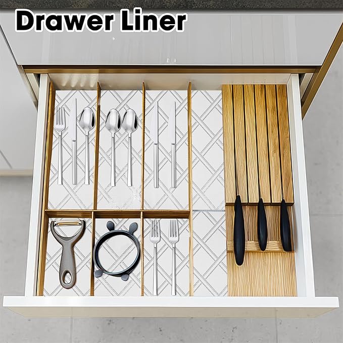 Drawer and Shelf Liner for Kitchen Cabinets Non-Adhesive Cabinet Liners for Shelves Strong Grip Non Slip Waterproof Cupboard Liner for Dresser Refrigerator, Bathroom,Silver Geometric,17.5IN X 10FT