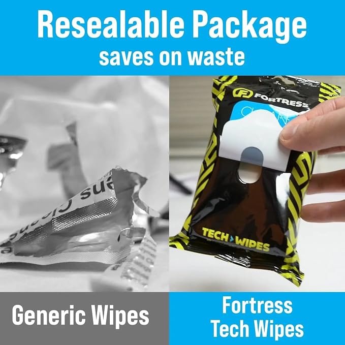 Fortress Electronic Wipes With Microfiber Cloth (25 ct, Pack of 10) To-Go Tech Wipes for Screens, Phones, Keyboards, TV Monitors, Computer Screens, and More [Travel Size] Skin-Safe