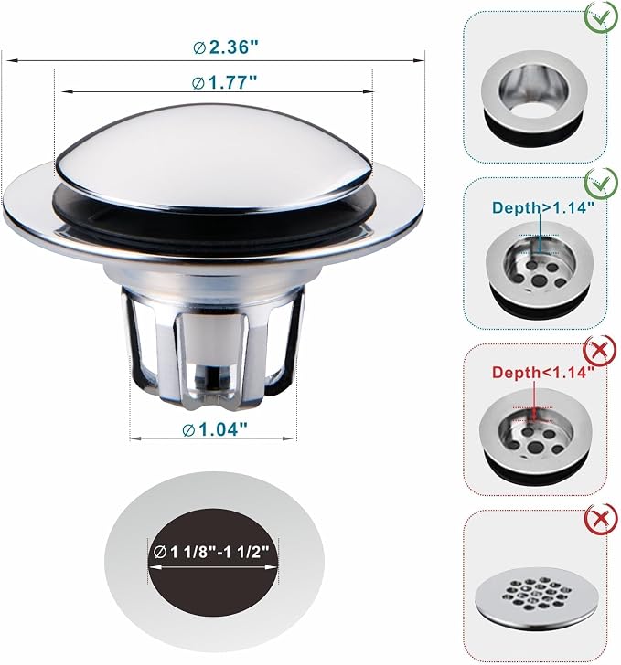 Chrome Bathroom Sink Drain Stopper,Welsan Universal Pop-Up Drain Stopper Plug Strainer with Hair Catcher for 1 1/8"-1 1/2" Drain Hole,Anti-Clogging Design Chrome Plated