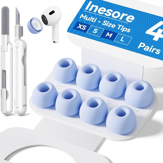 Inesore 4 Pairs Replacement Ear Tips for AirPods Pro 2nd/1st (Light Blue) | with Noise Reduction Hole & Built-in dust Guard Screen,Silicone,with Portable Storage Box & Cleaner Pen,4 Size (XS/S/M/L)