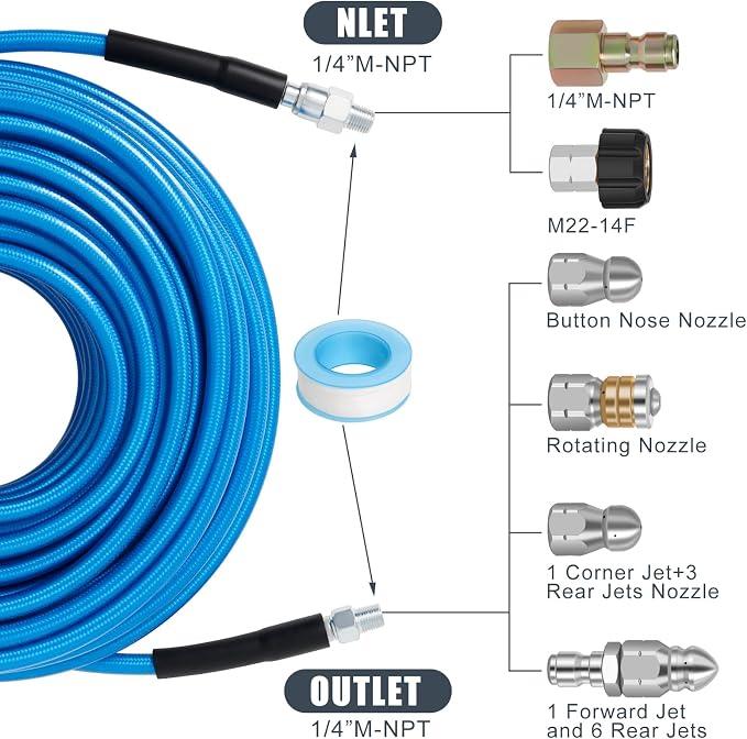 200FT Sewer Jetter Kit for Pressure Washer 5800PSI Drain Cleaner | 1/4" NPT Sewer Hose with 4 Jetting Nozzles for Long Reach Drain Cleaning, Includes Tools and Accessories