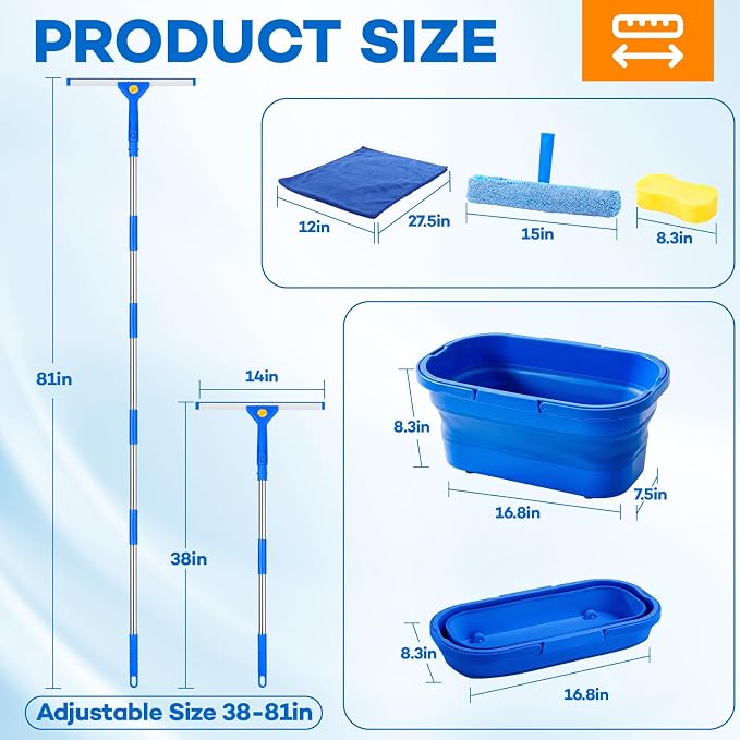 ALOTIKI 7Pcs Window Cleaning Kit with 3Gal Collapsible Bucket & 81"Squeegee | Professional Window Washing Kit with Extension Pole, Squeegee and Scrubber, Window Cleaner Tool for Shower Glass & Commercial