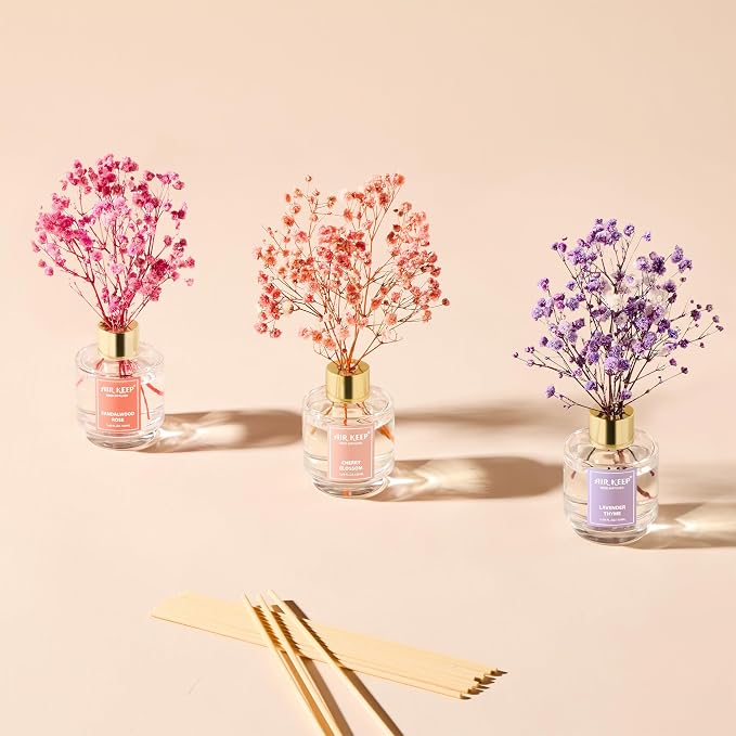 Reed Diffuser Set of 3, Lavender Thyme Sandalwood Rose Cherry Blossom Oil Reed Diffusers for Bedroom Living Room Office Aromatherapy Oil Reed Diffuser for Gift 50ml x 3