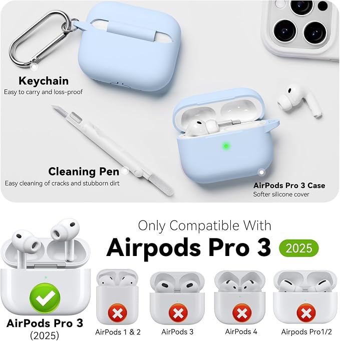 for AirPods Pro 3 Case 2025,Come with Cleaner Kit,Sky Blue | Silicone Protective Cover for Airpod Pro 3rd Generation Case with Keychain,for Women Men,One-Piece Design,Shockproof