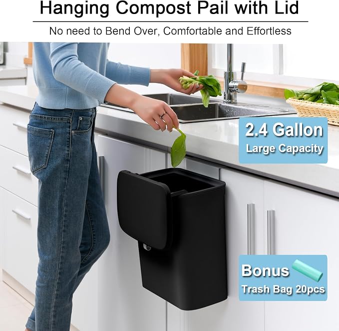 Tiyafuro 2.4 Gallon Kitchen Compost Bin for Counter Top or Under Sink, Hanging Small Trash Can with Lid for Cupboard/Bathroom/Bedroom/Office/Camping, Mountable Indoor Compost Bucket, Black