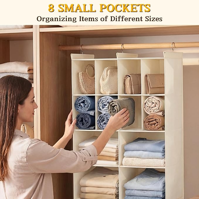 4 Tier Hanging Closet Organizer, 12 Compartments Dual Row Storage, Beige | Closet Organizers and Storage with Large & Small Cubbies, 3 Sturdy Hooks Support Heavy Loads, for Dorm, RV, Garment Rack