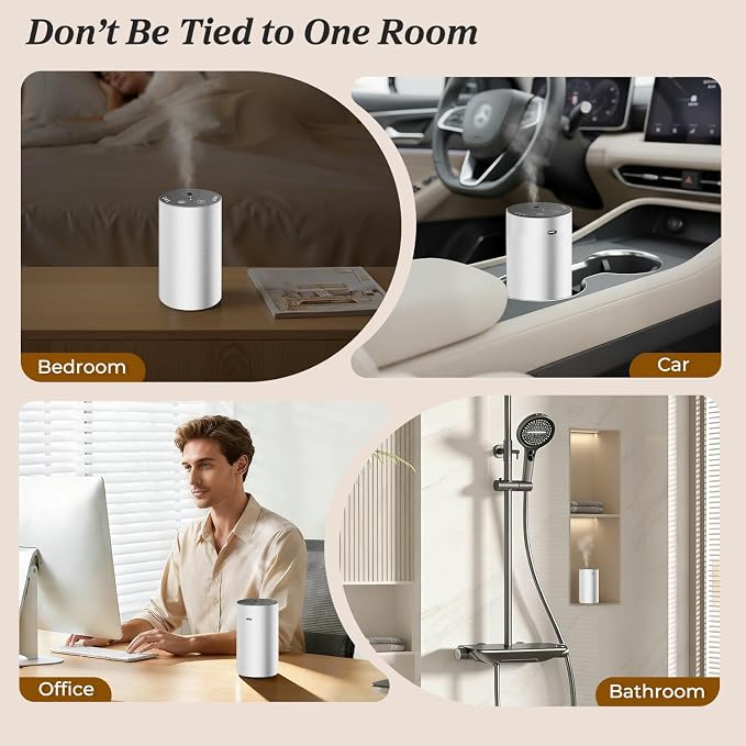 URPOWER Waterless Essential Oil Diffuser Cordless Mini Scent Diffuser 20mL | Includes 2 x 20mL Essential Oils, Battery Operated Design, Aluminum Body, Portable Size for Car, Home and Office Use, Silver