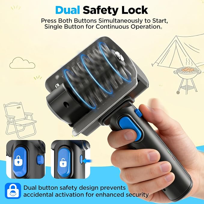 Electric Grill Brush with Dual Safety Lock. Ideal Gift for Men Dad Husband | Professional BBQ Cleaner with Submersible 304 SS Head, Splash-Proof Scrubber for Outdoor Grill (Blue Button)