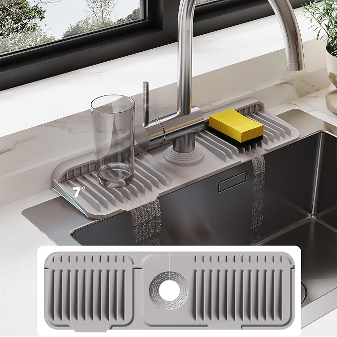 24 Inch Silicone Faucet Mat for Kitchen Sink Splash Guard - 7° Slope Water Draining Mat With Fasten Button for Bathroom Area (Gray, 17.7''x5.5'')