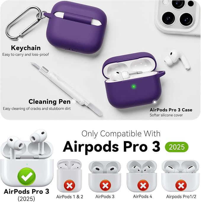 for AirPods Pro 3 Case 2025,Come with Cleaner Kit,Dark Purple | Silicone Protective Cover for Airpod Pro 3rd Generation Case with Keychain,for Women Men,One-Piece Design,Shockproof