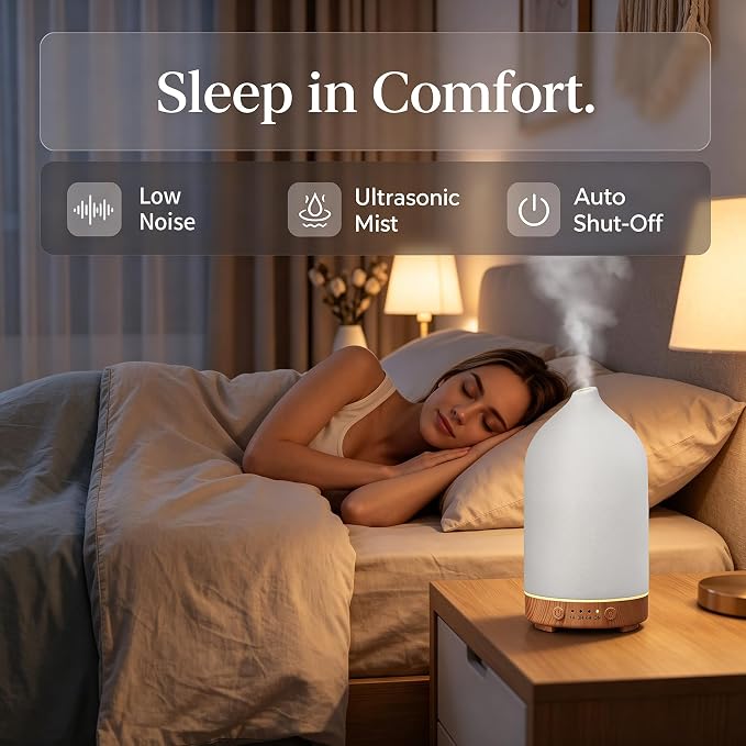 200ML Ceramic Essential Oil Diffuser for Home, Stone Diffuser 2 Pack | Ultrasonic Aromatherapy Diffuser & Air Humidifier for Bedroom, Office, Yoga, 7 LED Lights, Auto Shut-Off, 3 Timers,Wood Grain