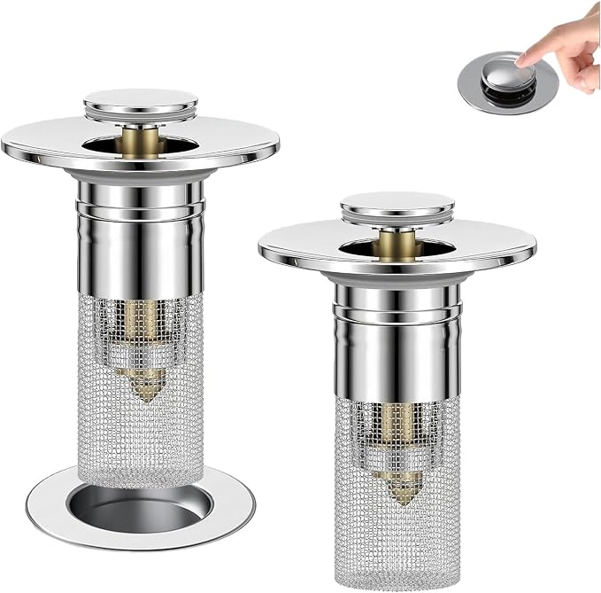 2PCS Bathroom Sink Drain Strainer, Pop-up Stopper Hair Catcher with Stainless Steel Filter Basket, Universal Replacement Drain Plug for Bathroom Sinks