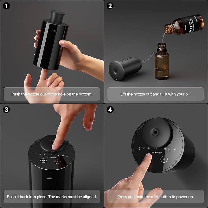 Airversa AN6 Waterless Essential Oil Diffuser Starter Kit, Black | 4 x 10mL Fragrance Oi, Up to 600 sq ft, Battery Operated, Portable for Home Car Office, AN6Kit-4x10-02