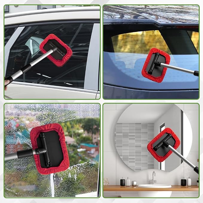Windshield Cleaning Tool, Car Window Cleaner, Vehicle Window Cleaner with Extendable Handle & 2 Washable Microfiber Pads, Car Interior Glass Wiper Cleaning Kit for Most Vehicles (Red)