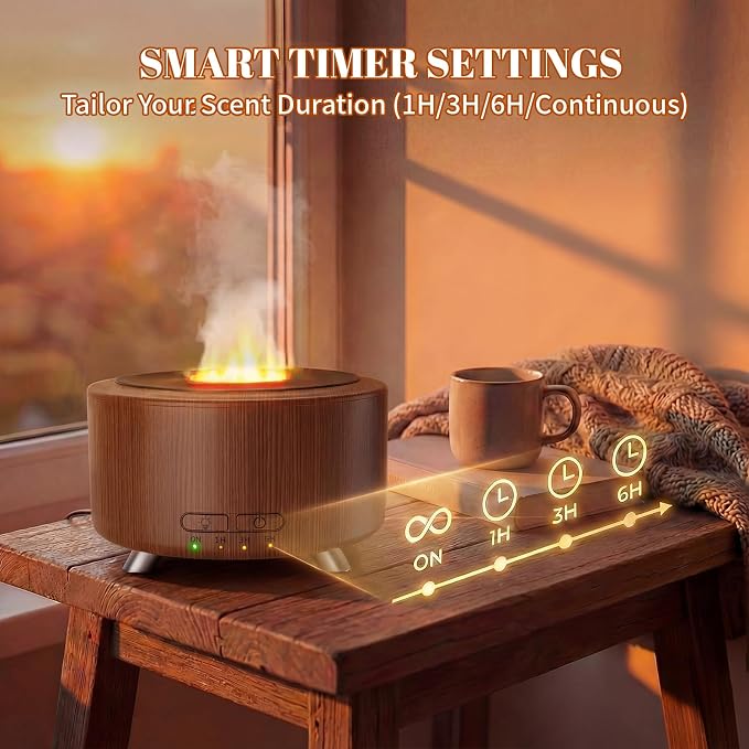 500ML Retro Vinyl Essential Oil Diffuser for Home | 3D flame effect & 9 colors. 500ml tank lasts 14H for deep sleep. BPA-free with auto-off ensures safety for babies and pets.