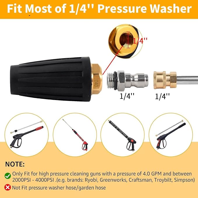 Pressure Washer Turbo Tip 4000PSI, 5 Pressure Washer Nozzle Tips, 4.0 GPM | Turbo Nozzle Tips Set 360° Rotating Presure Washer Turbo Nozzle 1/4'' Quick Connect, Multiple Degrees (0, 15, 25, 40,Soap)