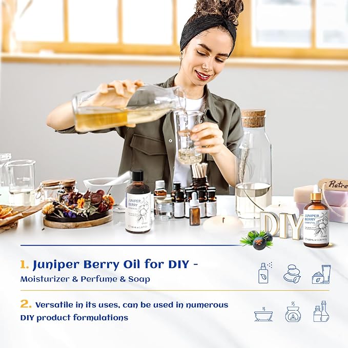 HIQILI Juniper Berry Essential Oil for Aromatherapy,Hair & Skin Care | Brings Long-Lasting Woody Aroma, Calming Relaxation, Versatile DIY & Full Space Odor Elimination -100ml / 3.38 fl oz