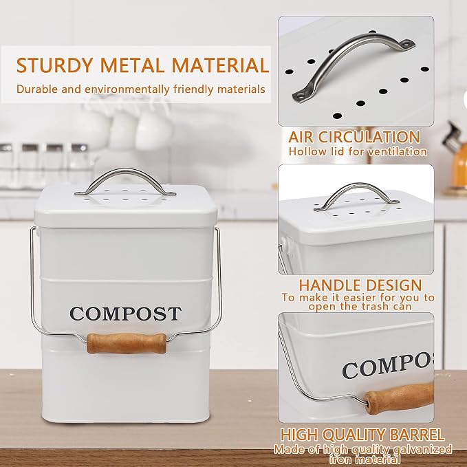 Stainless Steel Compost Bin, 1 Gallon, Kitchen Countertop Compost Bin, Includes Charcoal Filter, White