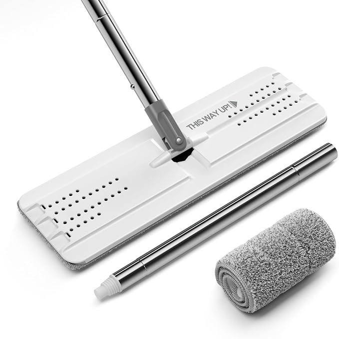 JOYMOOP Flat Mop System, Microfiber Mop for Floor Cleaning, 60" Long Handle with 15" Microfiber Flat Head, White