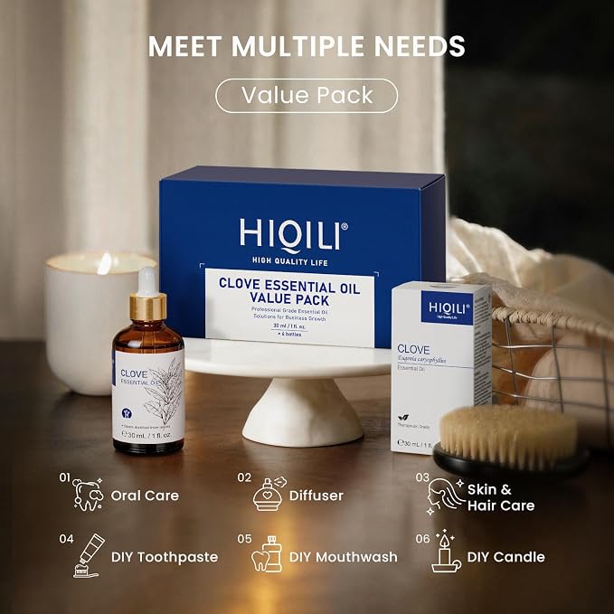 HIQILI Clove Essential Oil Set, Bulk Wholesale for Business, Teeth and Gums | Ideal for Office Diffusers, Yoga Studios, and Multi-Room Use, a Perfect Set for Gifting - 30mL / 1.01 fl oz (6 pack)