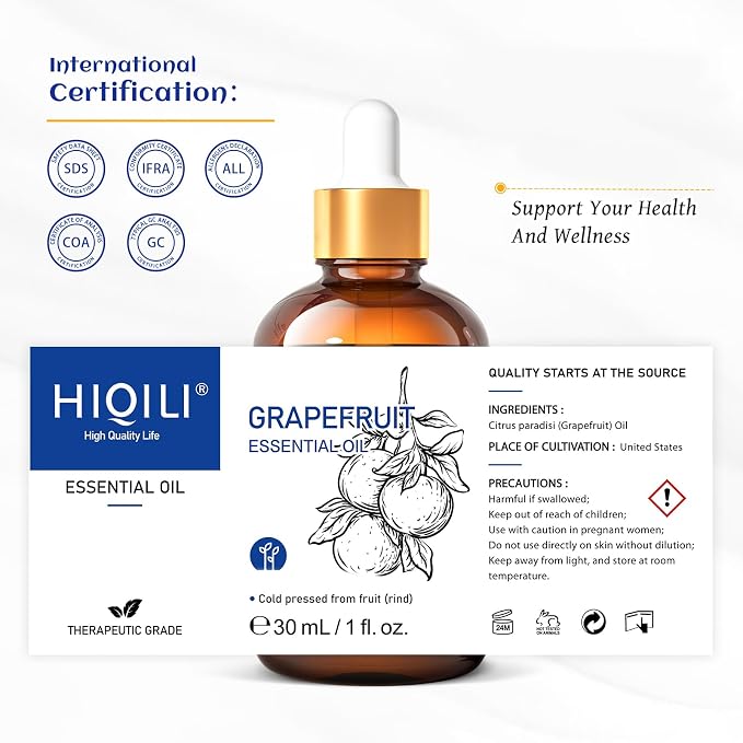 HIQILI Grapefruit Essential Oil for Skin Care, Diffuser and Aromatherapy | Fresh Citrus Aroma, Ideal for Daytime Diffusion, Nighttime Massage, DIY and Daily Home Fragrance —30mL / 1.01 fl oz