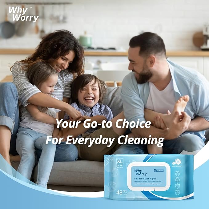 WhyWorry Flushable Wipes for Adults, Extra Large 8"x10" Butt Wipes for Toilet & Personal Cleansing, with Chamomile and Vitamin E, 100% Plant-Based, Septic & Sewer Safe, Sea Incense, 48 Count