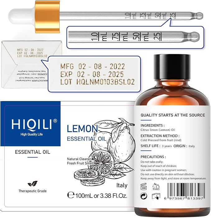 HIQILI Lemon Essential Oil, Household Cleaning, Air Purification, Skin Care, Can be Added to Cleansers, Sprays, Body Lotions Use - 3.38 Fl Oz/100ML | Creates Long-Lasting Fresh Atmosphere for Work, Study and More, Eliminates Odors -100ml / 3.38 fl oz
