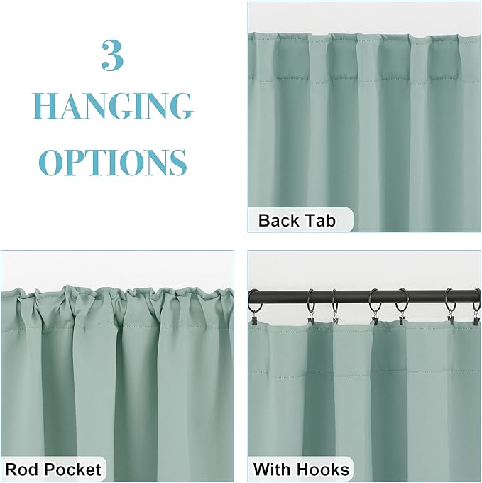 RYB HOME Blackout Curtains for Bathroom - Thermal Insulated Light Block Window Curtains, Back Tab & Rod Pocket Style for Kitchen Dining Kids Bedroom Basement, Wide 42 x Long 36, Aqua, 2 Panels