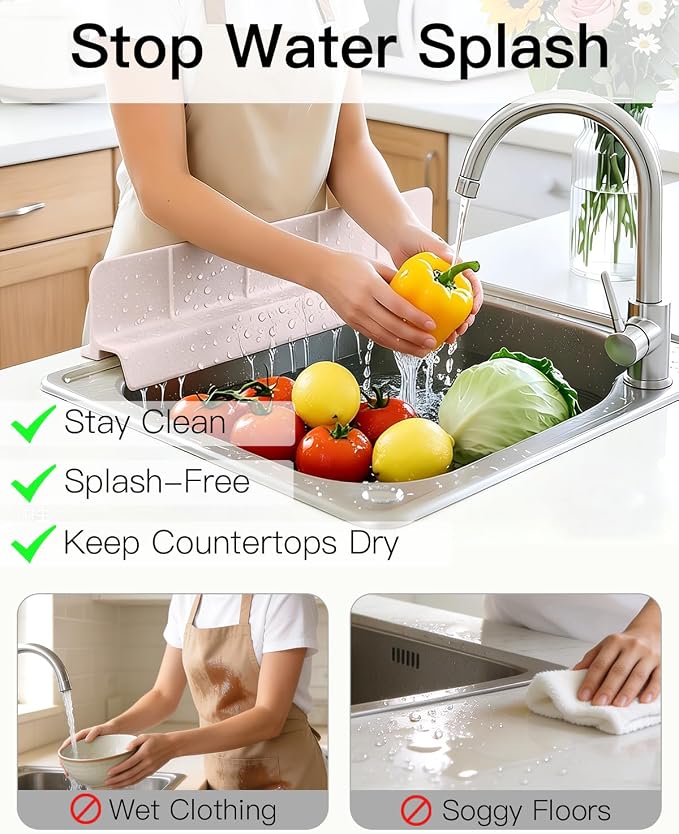 23 Inch Silicone Sink Splash Guard - Kitchen Sink Water Splash Guard with Strong Suction Cups, Removable Splash Guard for Sink, Washbasin & Bathtub - Creamy Apricot
