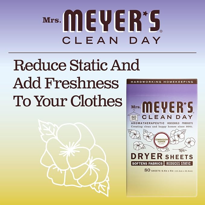 MRS. MEYER'S CLEAN DAY Dryer Sheets, Fabric Softener, Reduces Static, Infused with Essential Oils, Compassion Flower, 80 Count (Pack of 12)