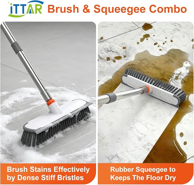 Floor Scrub Brush with Long Handle, 12" Wide 2-in-1 Deck Brush and Squeegee with 55" Stainless Steel Pole, Heavy-Duty Stiff Bristles for Shower, Tile, Garage, Patio & Kitchen-Orange