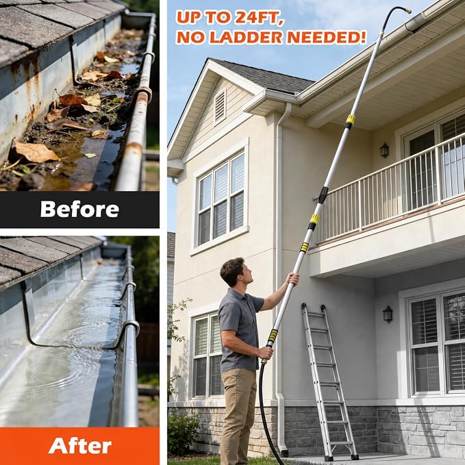 24FT Reach 8-15FT Telescopic Pole Gutter Cleaning Tools from Ground, Flexible Wand, Adjustable Flow for Garden, Roof Gutters, Leaves & Debris Removal