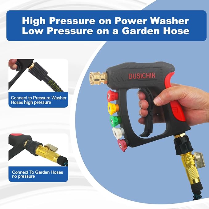 DUSICHIN Power Washer Gun Short Wand With Color-coded Tip Holder on Handle, 5 Tips Car Wash Spray Gun M22-14mm Inlet, High Pressure On Pressure Washers, Garden Hose Adapter for Low Pressure Use