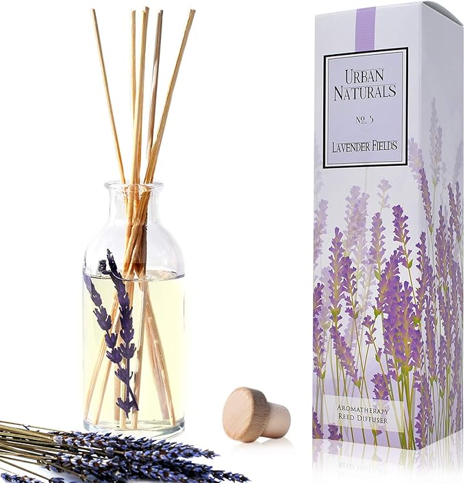 Reed Diffuser Set, Lavender Fields - Bathroom Shelf Décor | Real Lavender Stems French Blossoms, Geranium & Clary Sage, for Aromatherapy & Stress Relief, Vegan