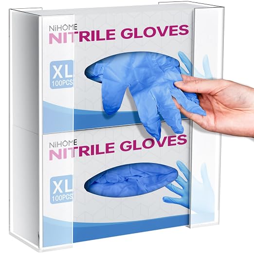 NiHome 2-Tier Clear Acrylic Glove & Tissue Box Holder Dispenser, Wall Mount | Space-Saving Glove Box Dispenser, Adjustable Organizer for Tissues, Baby Wipes, Adhesive or Screw Mount for Kitchen, Bathroom