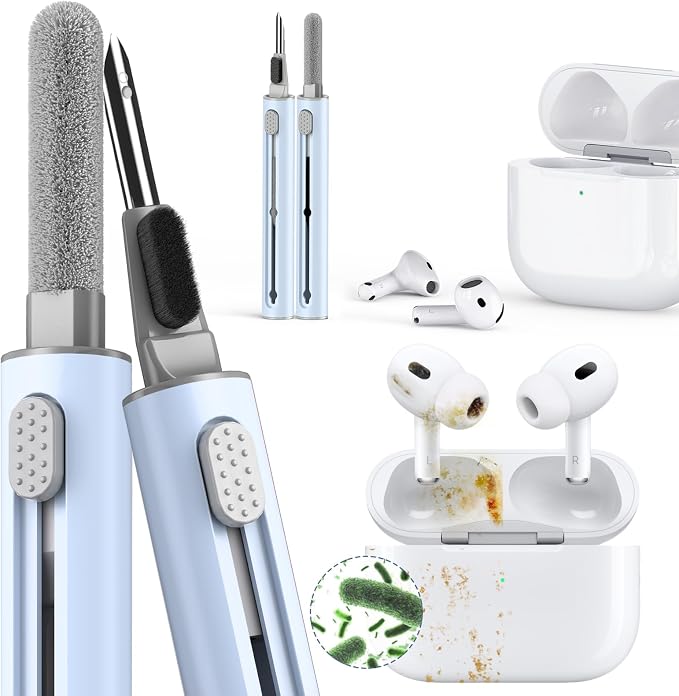 Inesore Multi Cleaning Kit for AirPods & All Bluetooth Earbuds (Blue) | 3-in-1 Design with Brush,Sponge & Metal Tip, Airpod Cleaning, Phone Cleaner, Earbud Cleaning, Electronic Device Cleaning Tool